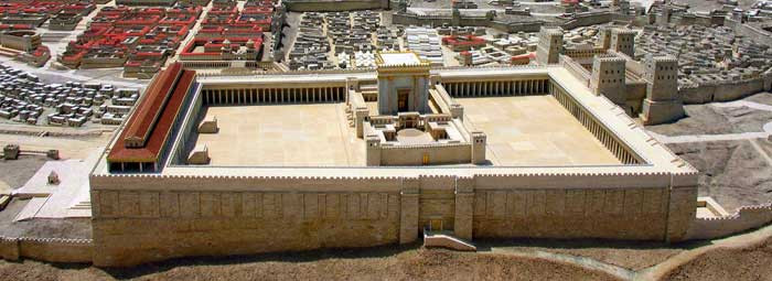 Essai de reconstitution du temple d’Hérode. Coin supérieur droit : citadelle de l’Antonia où demeurent Pilate et sa troupe.