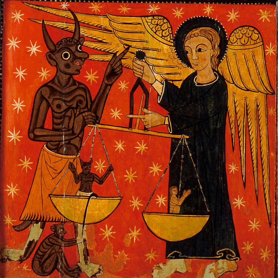 L'archange Michaël pesant les âmes - Retable de l'église Sant Miquel de Soriguerola, XIIIe siècle.